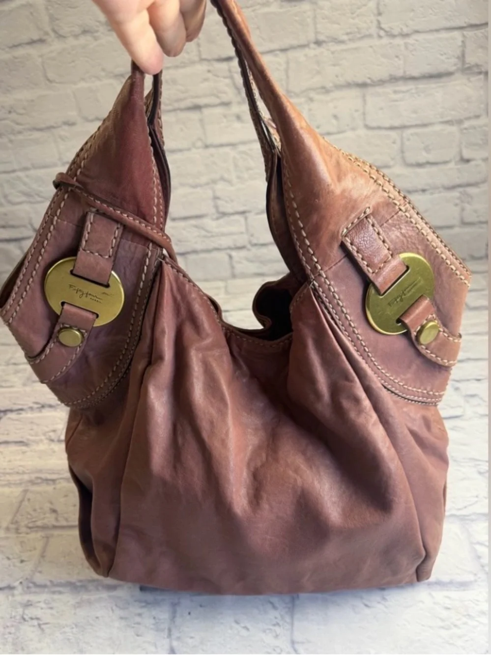 Vintage Fossil Fifty-Four “Blake”Mauve Leather Hobo Bag with Brass Key Charm